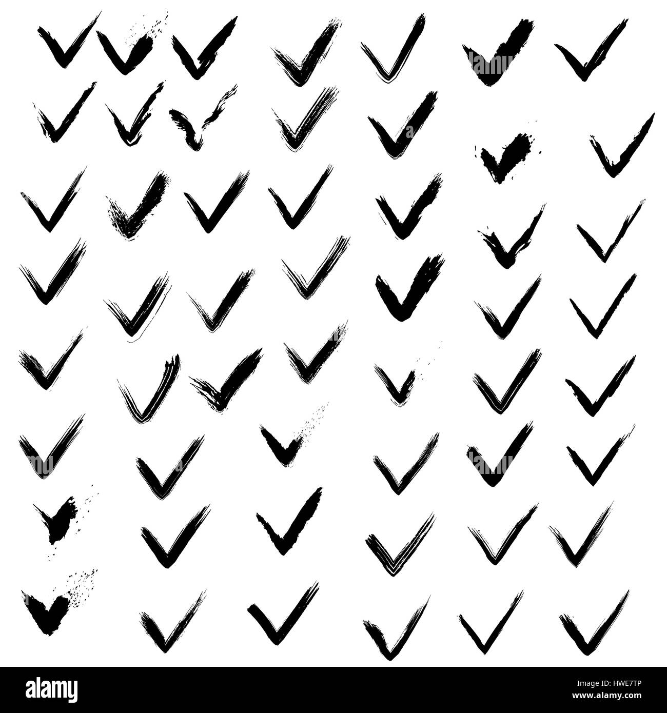Set of hand drawn paint ink check marks. Grunge black and white