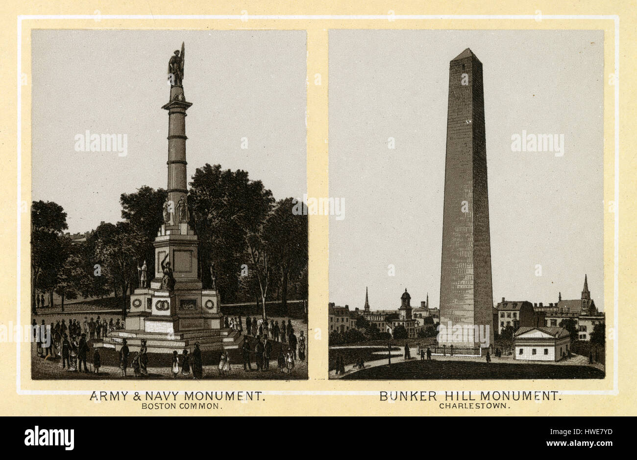 Antique 1883 monochromatic print from a souvenir album, showing the Army & Navy Monument (Boston Common) and the Bunker Hill Monument (Charlestown) in Boston, Massachusetts. Designed by Martin Milmore, the Soldiers and Sailors Monument was erected in memory of Massachusetts soldiers and sailors who died in the American Civil War. The Bunker Hill Monument was erected to commemorate the Battle of Bunker Hill, which was among the first major battles between British and Patriot forces in the American Revolutionary War, fought there June 17, 1775. Printed with the Glaser/Frey lithographic process,  Stock Photo