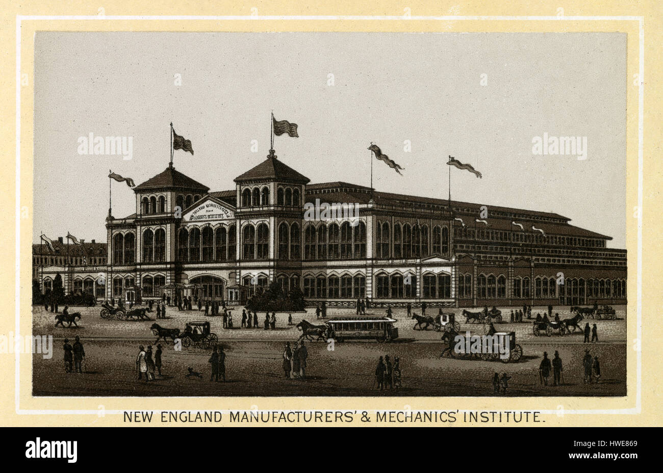 Antique 1883 monochromatic print from a souvenir album, showing the New England Manufacturers' & Mechanics' Institute in Boston, Massachusetts. The New England Manufacturers' and Mechanics' Institute (established in 1879) flourished in the 1880s in Boston, Massachusetts. Printed with the Glaser/Frey lithographic process, a multi-stone lithographic process developed in Germany.  souvenir album,  view, downtown, city, Boston, Massachusetts, MA, USA, engraving; engraved; nineteenth century; 19th century; antique; old; art; monochromatic, print; illustration; historic, historical ,archival, archiv Stock Photo