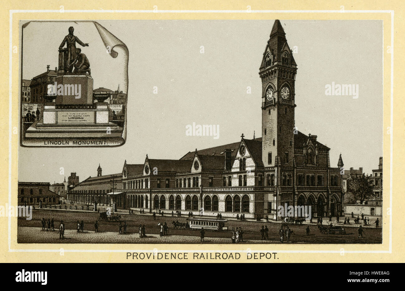 Antique 1883 monochromatic print from a souvenir album, showing the Boston & Providence Depot in Boston, Massachusetts. The Boston and Providence Railroad was an early US Railroad in New England, connecting Boston and Providence and is now part of Amtrak's Northeast Corridor. Printed with the Glaser/Frey lithographic process, a multi-stone lithographic process developed in Germany. Stock Photo
