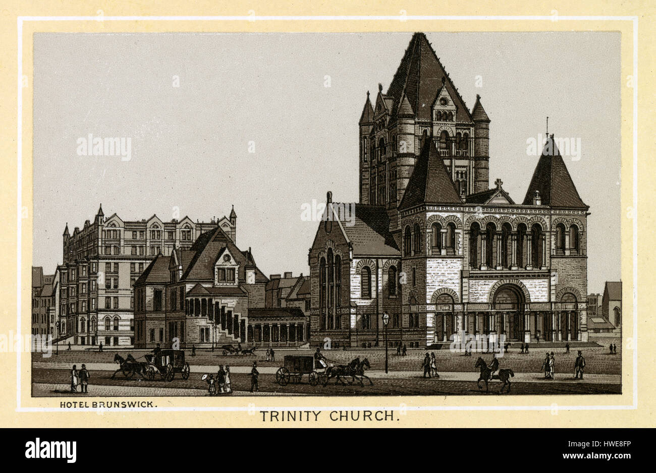 Antique 1883 monochromatic print from a souvenir album, showing the Trinity Church in Boston, Massachusetts. Trinity Church in the City of Boston, located in the Back Bay of Boston, Massachusetts, is a parish of the Episcopal Diocese of Massachusetts. Printed with the Glaser/Frey lithographic process, a multi-stone lithographic process developed in Germany. Stock Photo