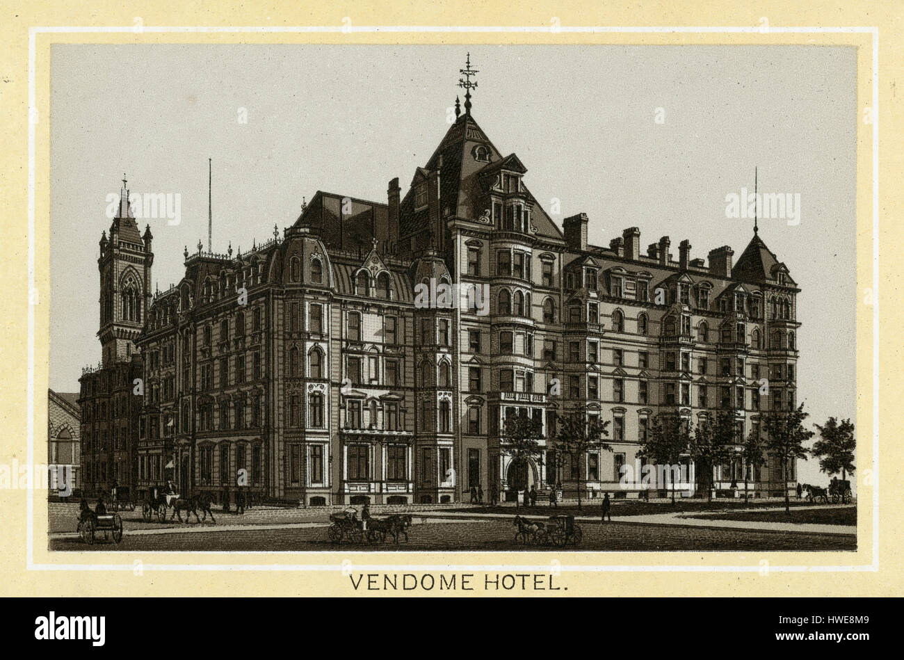 Antique 1883 monochromatic print from a souvenir album, showing the Hotel Vendome in Boston, Massachusetts. The Hotel Vendome was on the southwest corner of the intersection of Commonwealth Avenue and Dartmouth Street, in the Back Bay area of Boston. Printed with the Glaser/Frey lithographic process, a multi-stone lithographic process developed in Germany. Stock Photo