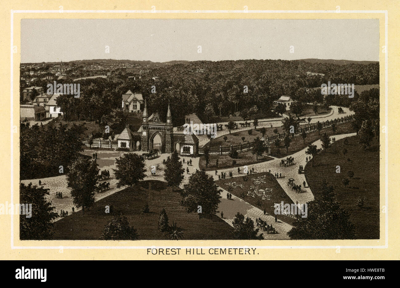 Antique 1883 monochromatic print from a souvenir album, showing the Forest Hills Cemetery in Boston, Massachusetts. Forest Hills Cemetery is a historic 275-acre (1.1 km2) cemetery, greenspace, arboretum and sculpture garden located in the Forest Hills section of the Jamaica Plain neighborhood of Boston, Massachusetts. The cemetery was designed in 1848. Printed with the Glaser/Frey lithographic process, a multi-stone lithographic process developed in Germany.  souvenir album,  view, downtown, city, Boston, Massachusetts, MA, USA, engraving; engraved; nineteenth century; 19th century; antique; o Stock Photo