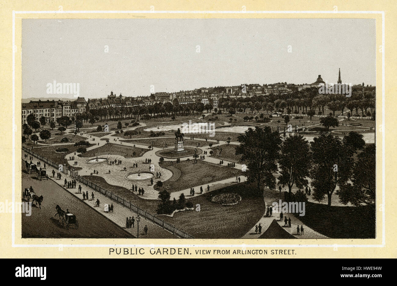 Antique 1883 monochromatic print from a souvenir album, showing a view of the Public Garden from Arlington Street in Boston, Massachusetts, looking toward Beacon Hill. Printed with the Glaser/Frey lithographic process, a multi-stone lithographic process developed in Germany. Stock Photo
