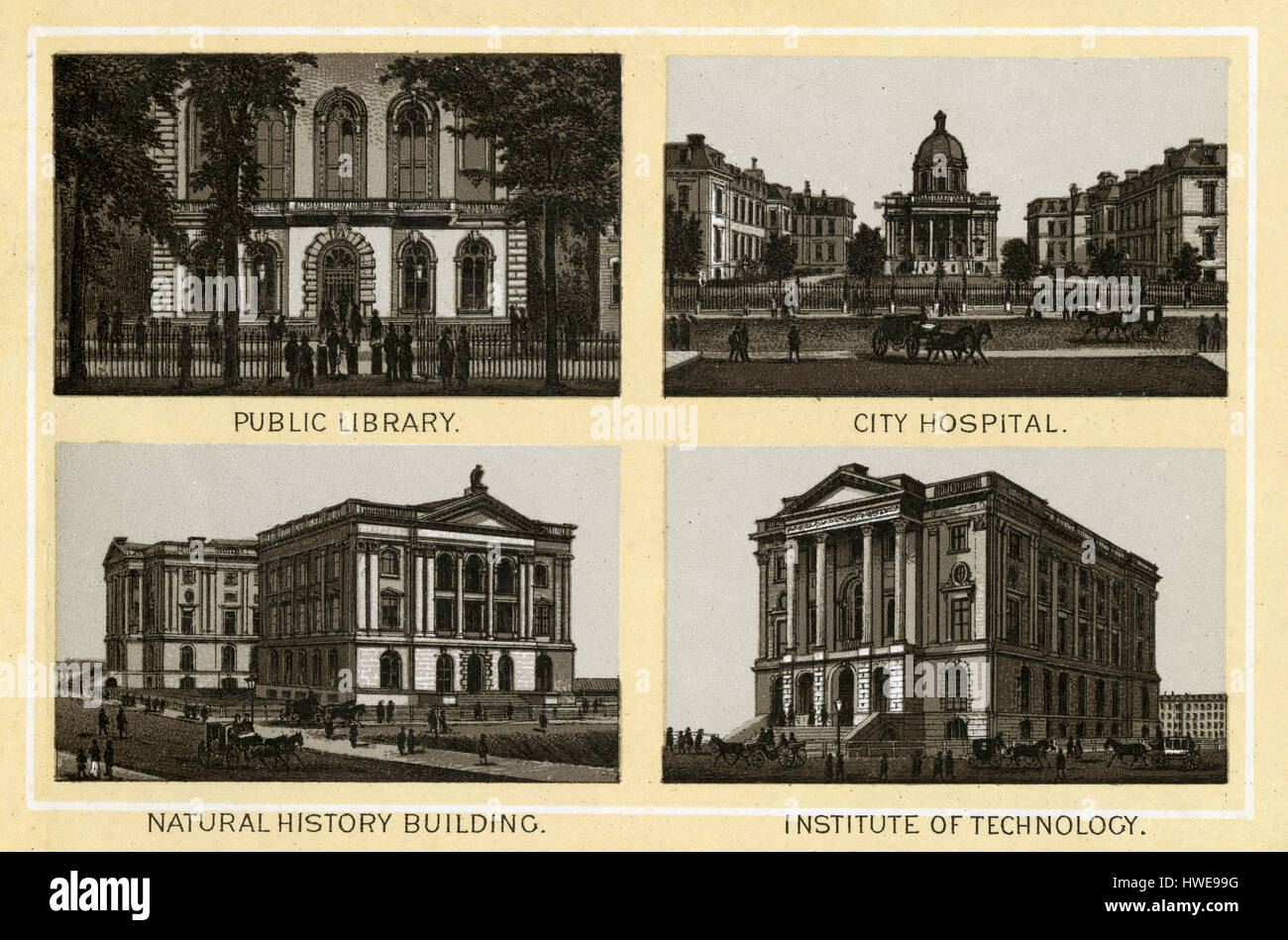 Antique 1883 monochromatic print from a souvenir album, showing the Public Library (Boylston Street, 1858–1895), City Hospital (1864–1996), Natural History Building, and the Rogers Building (MIT) in Boston, Massachusetts. Printed with the Glaser/Frey lithographic process, a multi-stone lithographic process developed in Germany. Stock Photo