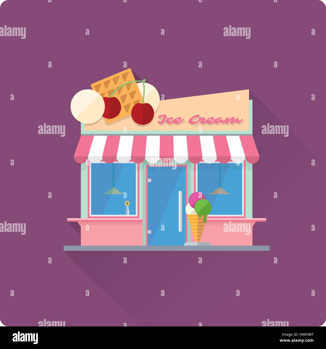 flat design long shadow ice cream parlor building vector illustration