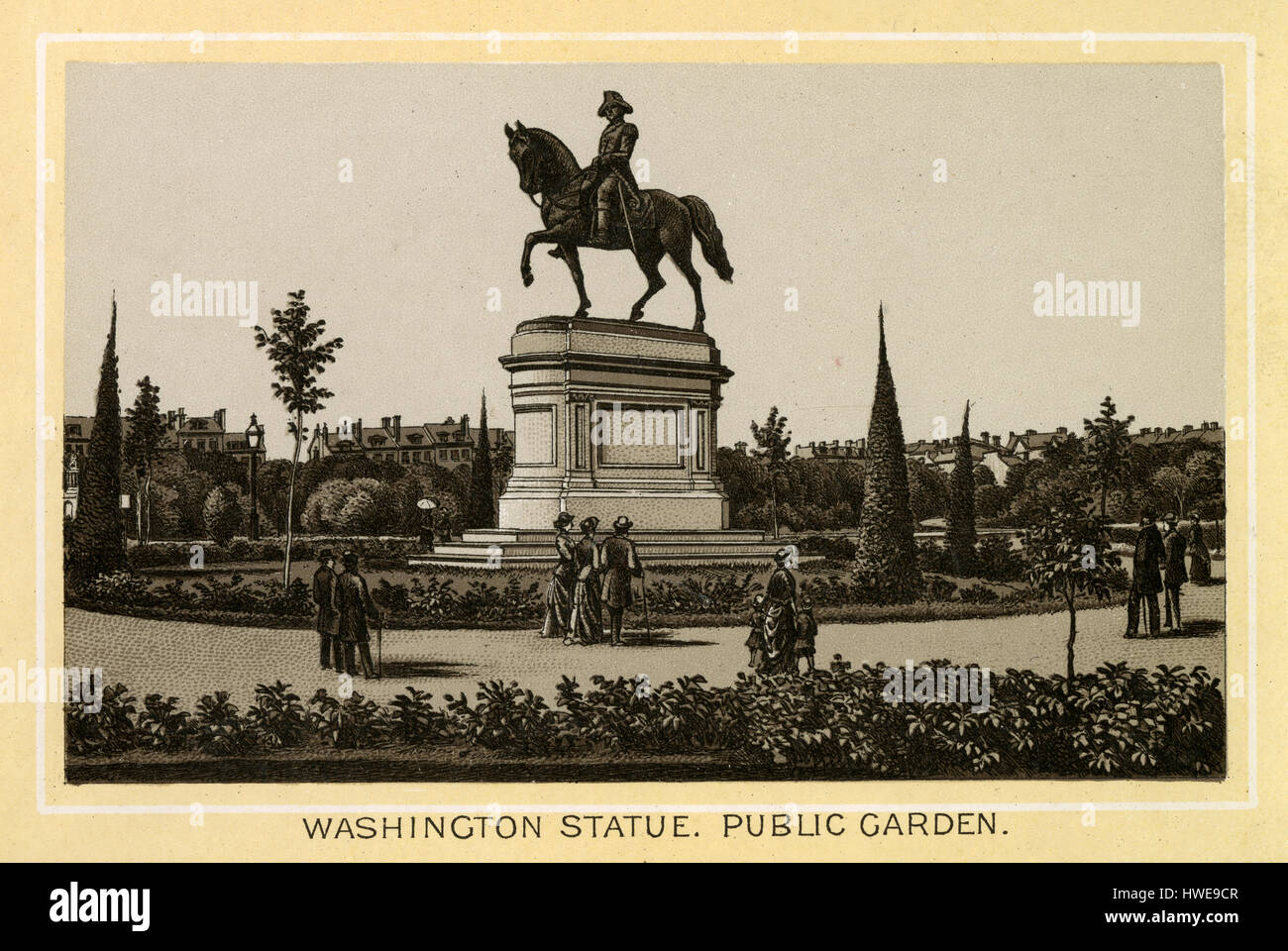 Antique 1883 monochromatic print from a souvenir album, showing the statue of George Washington in the Public Garden in Boston, Massachusetts. Printed with the Glaser/Frey lithographic process, a multi-stone lithographic process developed in Germany. Stock Photo