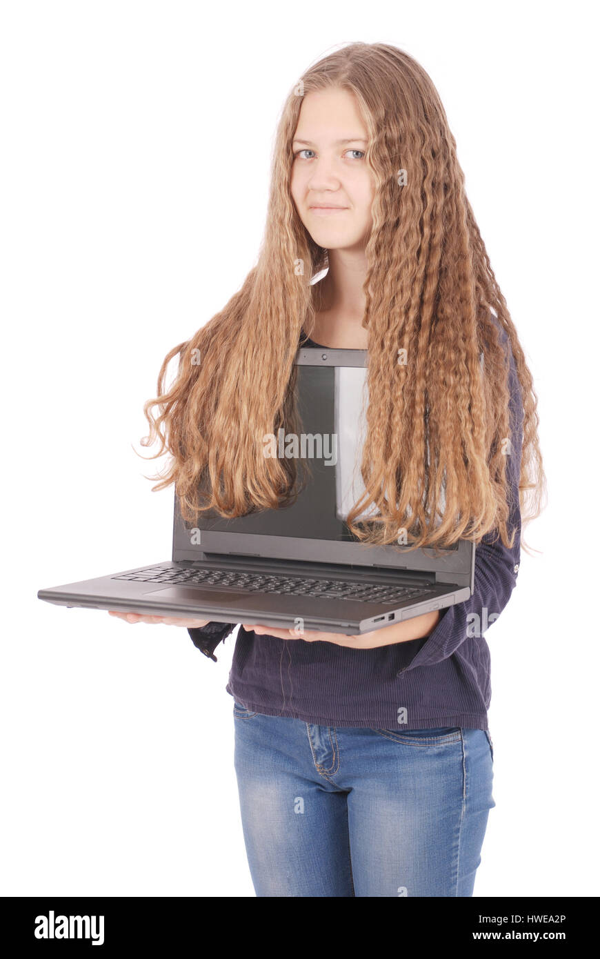 Smiling student teenage girl with laptop isolated on white Stock Photo ...