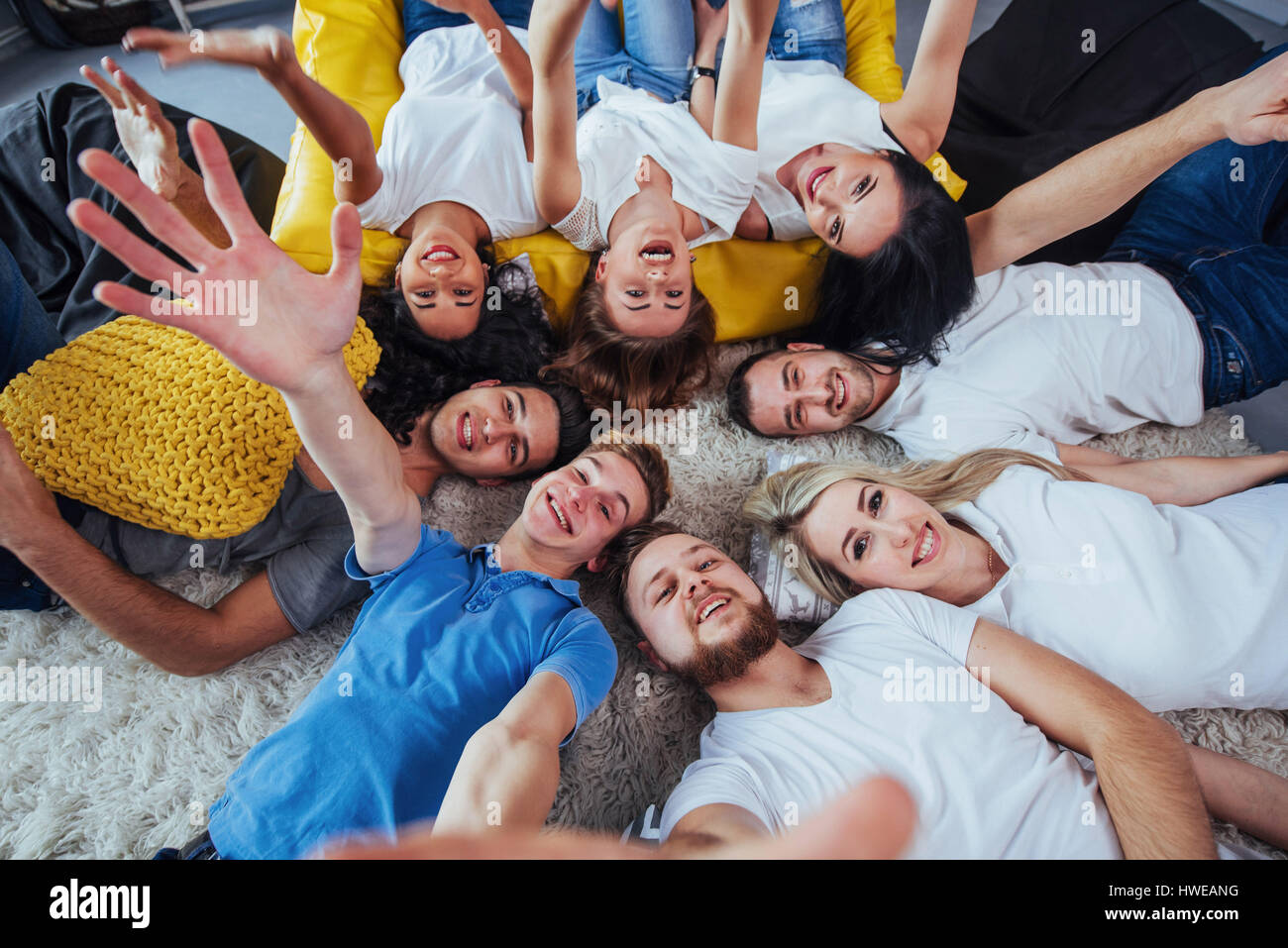 Selfie with friends. Friendly smiling teenagers making group photo