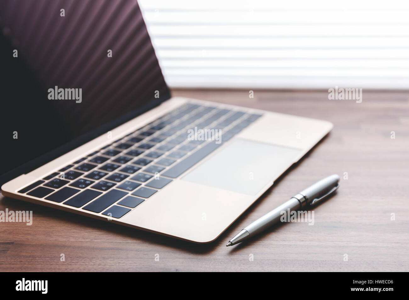 Laptop with pen on office table Stock Photo