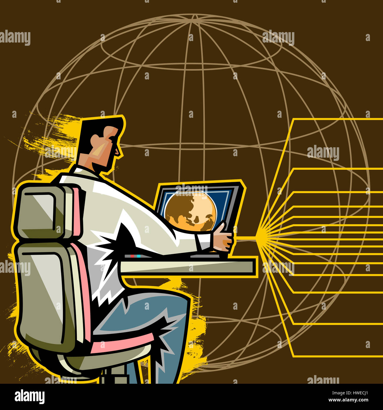 adults only,art product,business,businessman,casual clothing,chair,color image,colored background,computer monitor,concepts & topics,desk,desktop pc,globe,ideas,illustration,illustration Stock Photo
