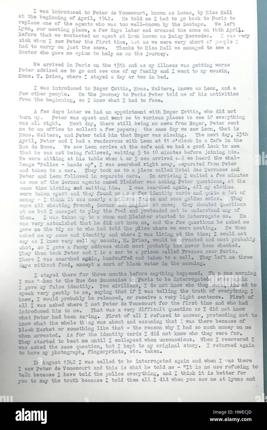 EMBARGOED TO 0001 TUESDAY MARCH 21 Excerpts of letters released by the National Archives at Kew including an application for compensation in a Prisoner of War camp by Jack Thorez Fincken-McKay who was 31 when he was called up to serve as an agent with the Special Operations Executive in Paris, gaining intelligence that might help the Allied Forces in their war effort against the Germans. Stock Photo