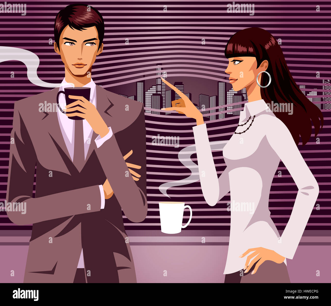 man,woman,female,building,outside view,looking,recreation,buildings,one man,one female,business woman,business man,single woman,couple,employee,employer,business wear,drinking,cup,coffee,beverage,refresh,window,hot,steam,hair,brown hair,style,waist up,smart,adult,animation,art,artwork,bonding,cartoon,cgi, Stock Photo