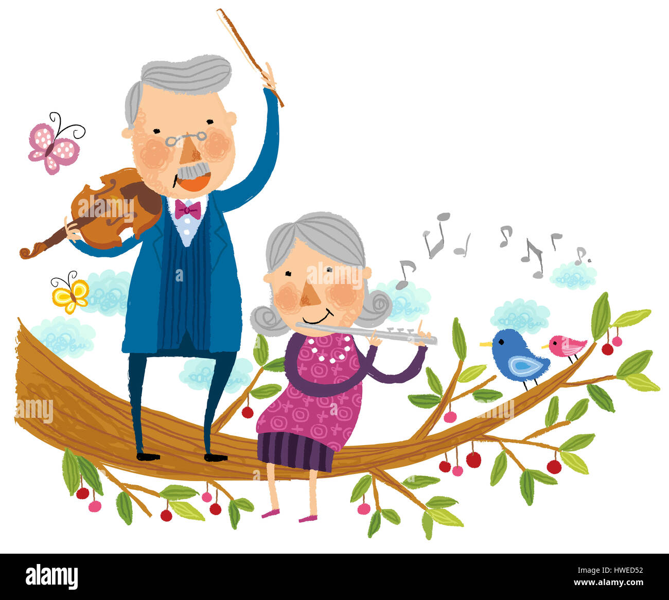elderly couple,playing,musical instruments,horizontal,flute,violin,music,musician,happy,butterfly. tree,branch,branch of tree,leaves,leave,standing,sitting,instruments,cheering,cheerful,family,elderly people,elderly person,elderly couple,couple,togetherness,elderly woman,elderly Stock Photo