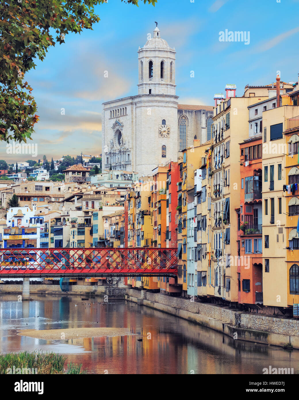 Old Girona town, view on river Onyar Stock Photo