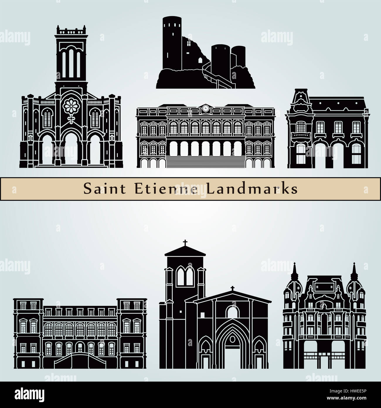 Saint Etienne monuments isolated on blue background in editable vector file Stock Photo