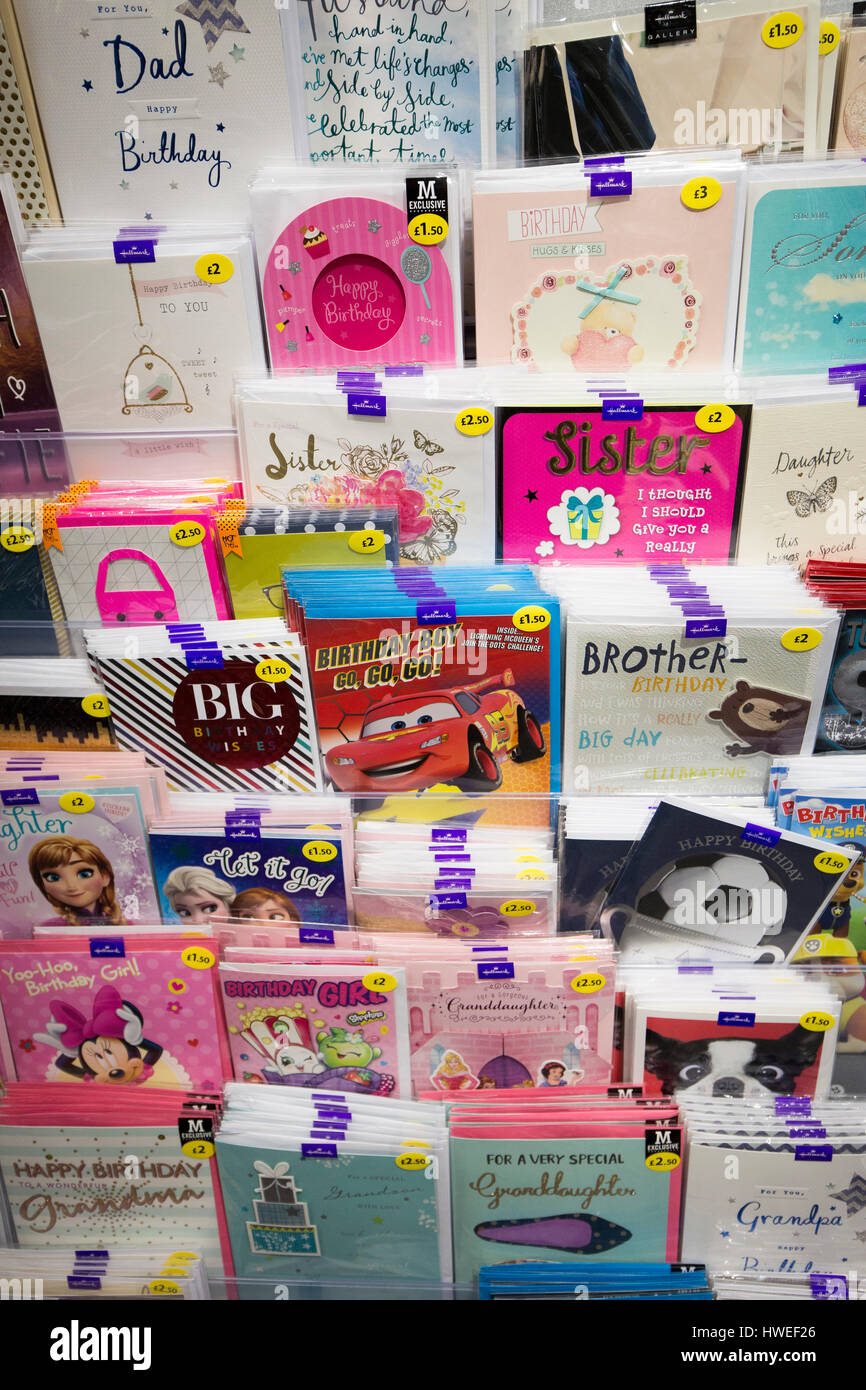 Greetings cards on sale in a Morrisons supermarket Stock Photo