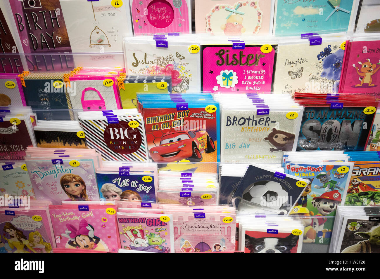 Greetings cards on sale in a Morrisons supermarket Stock Photo