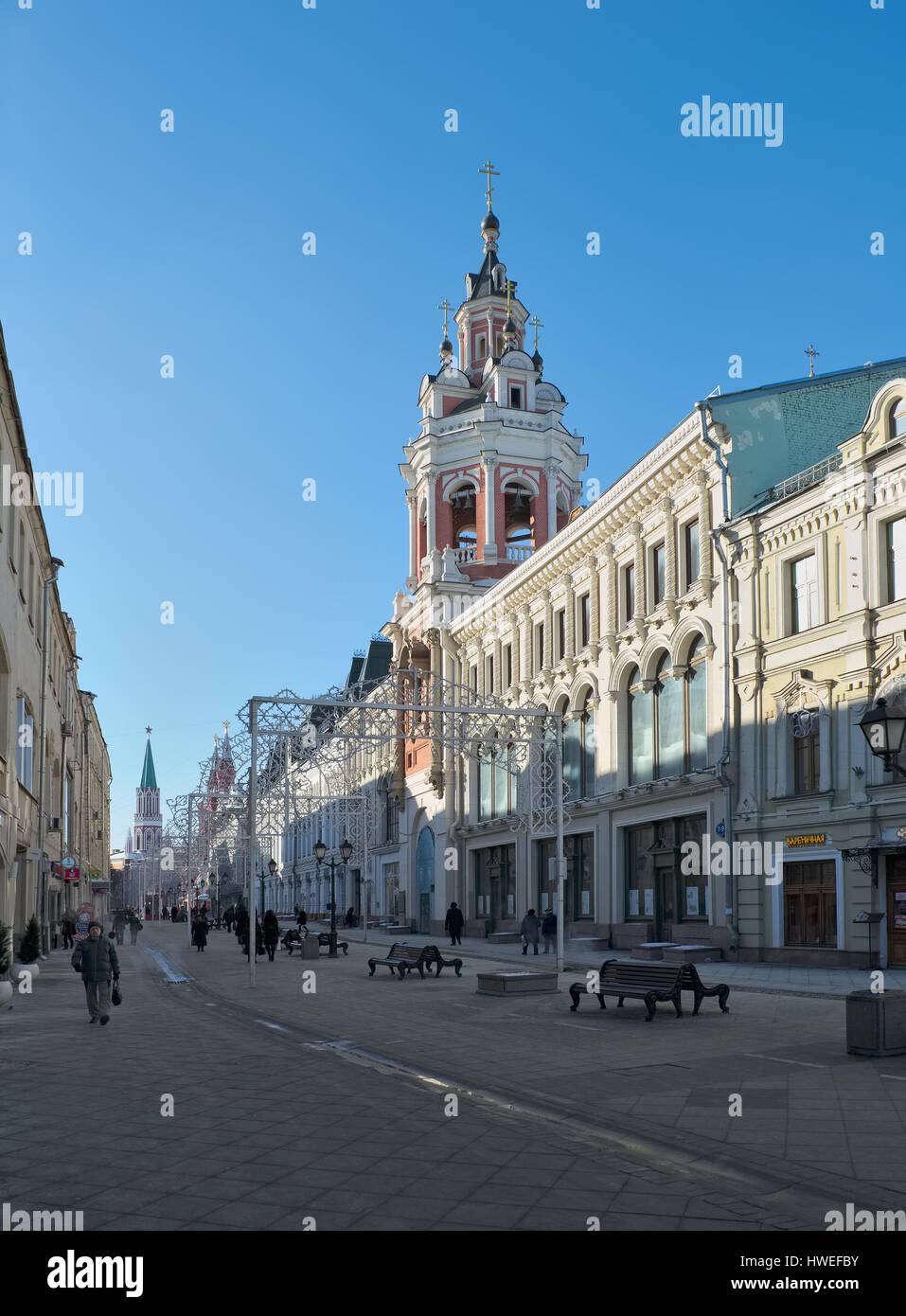Nikolskaya Street in Moscow, view of the Spassky Cathedral of the Zaikonospassky Monastery, founded in the 15th ce Stock Photo