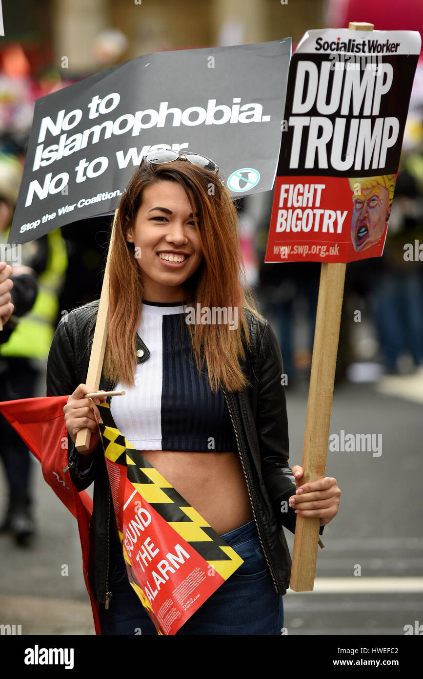 Sexy girl at an anti racism demonstration in London on United Nations Anti  Racism Day starting at Portland Place. Dump Trump Stock Photo - Alamy
