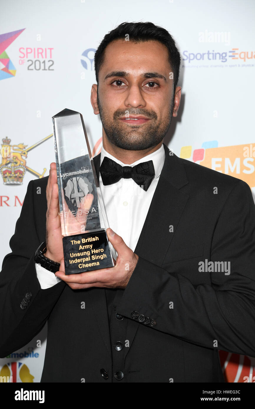 Inderpal Singh Cheema wins British Army Unsung Hero at the third Lycamobile British Ethnic Diversity Sports Awards BEDSAs, held at the Park Lane Hilton Hotel, London Stock Photo