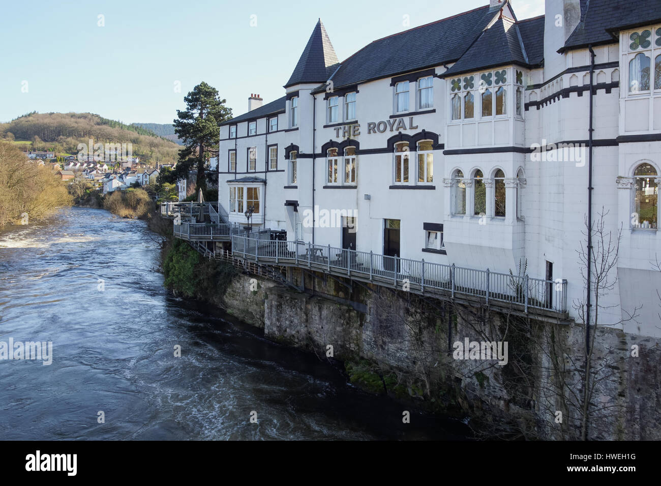 The Royal Hotel on Castle Street Llangollen overlooking the River Dee built in 1752 Stock Photo