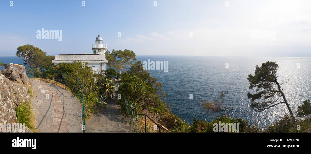 Punta Faro, Cape Lighthouse, Italy: panoramic view of the historic  Portofino Lighthouse, built in 1870 and located 40 meters above the sea level Stock Photo