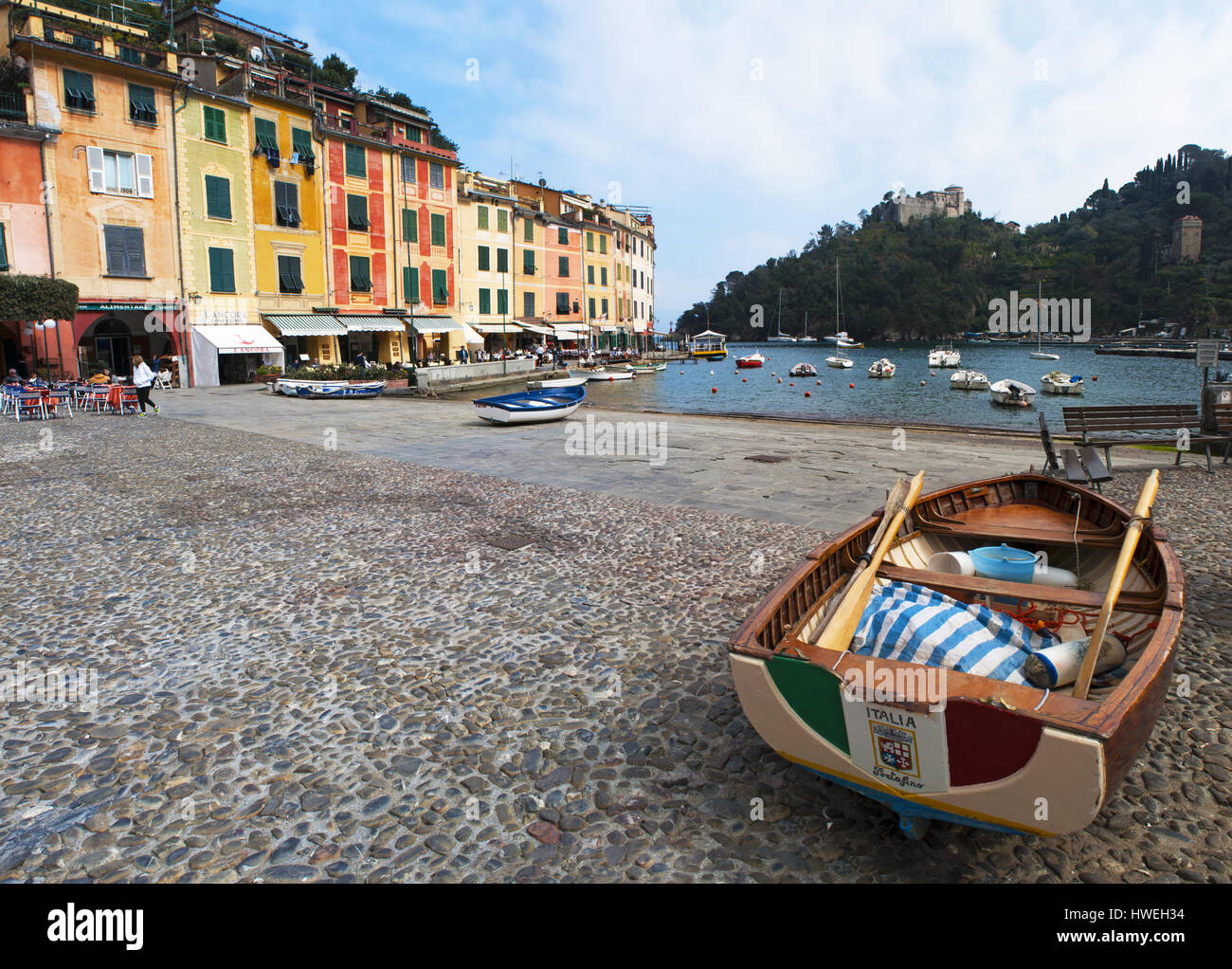 View of the Piazzetta, the little square of Portofino, an Italian fishing village famous for its picturesque harbour and the colorful houses Stock Photo
