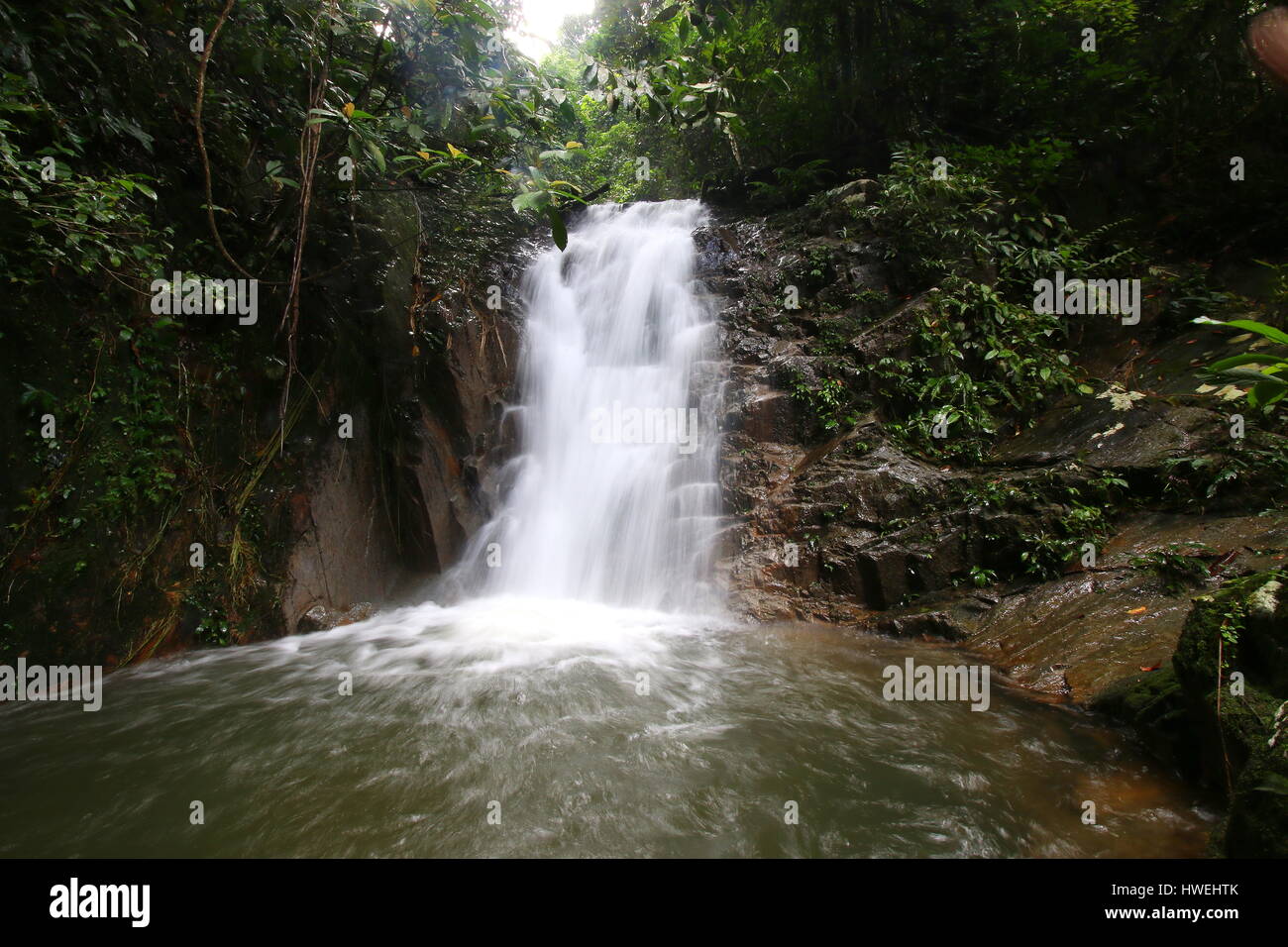 Natural waterfall inside a tropical jungle in Malaysia. Stock Photo