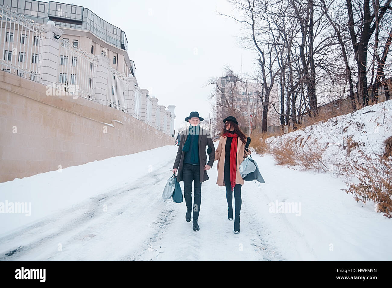 Couple on winter vacation, Odessa, Ukraine Stock Photo