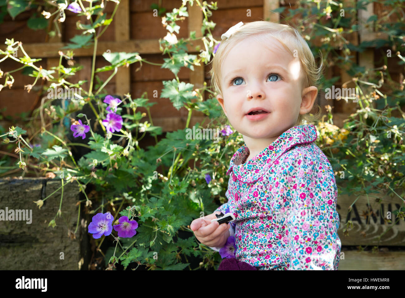 Blue eyed baby girl looking up in garden Stock Photo