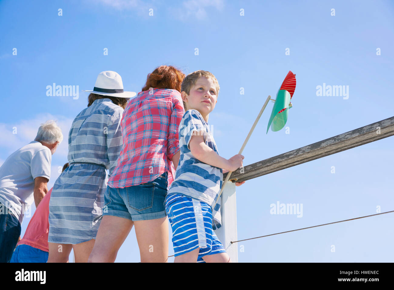 Family on houseboat looking away at view, Kraalbaai, South Africa Stock Photo