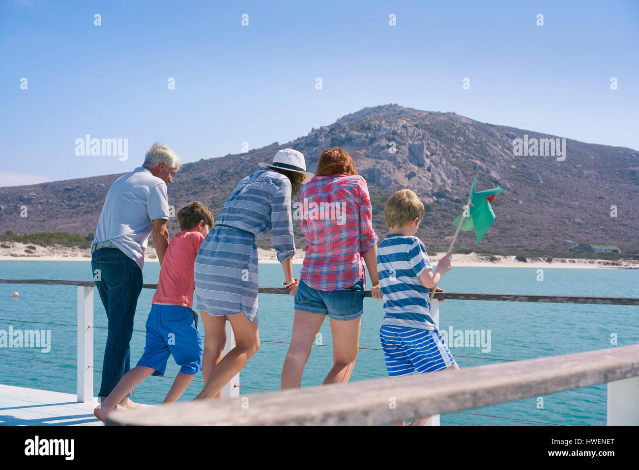 Family on houseboat looking away at view, Kraalbaai, South Africa Stock Photo