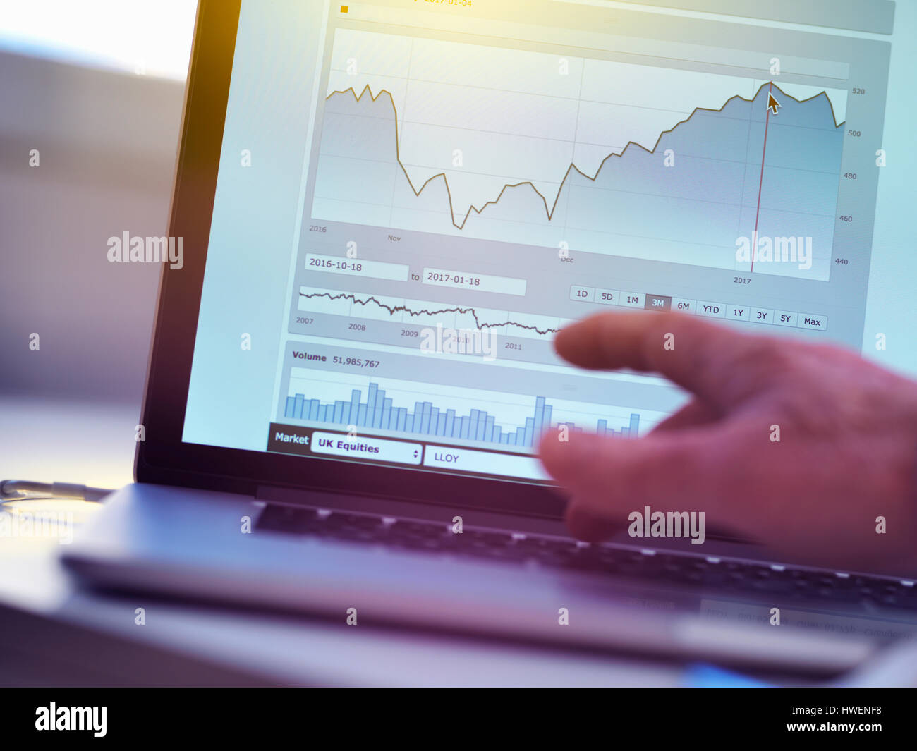 Investor viewing company share price market data on a laptop computer Stock Photo