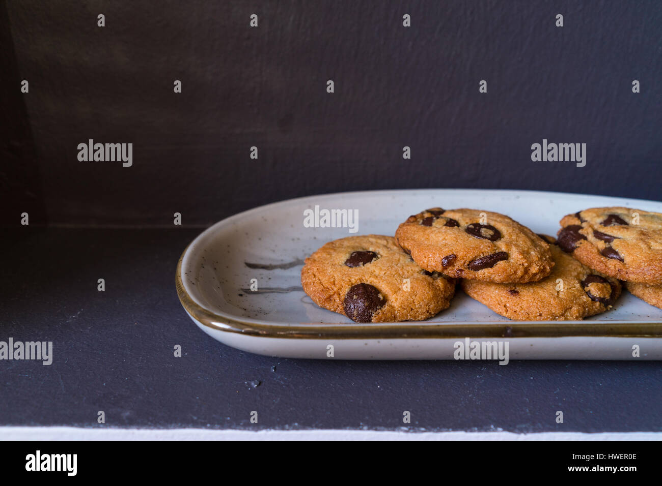 Chocolate Chip Cookies on Japanese Ceramic Plate Stock Photo