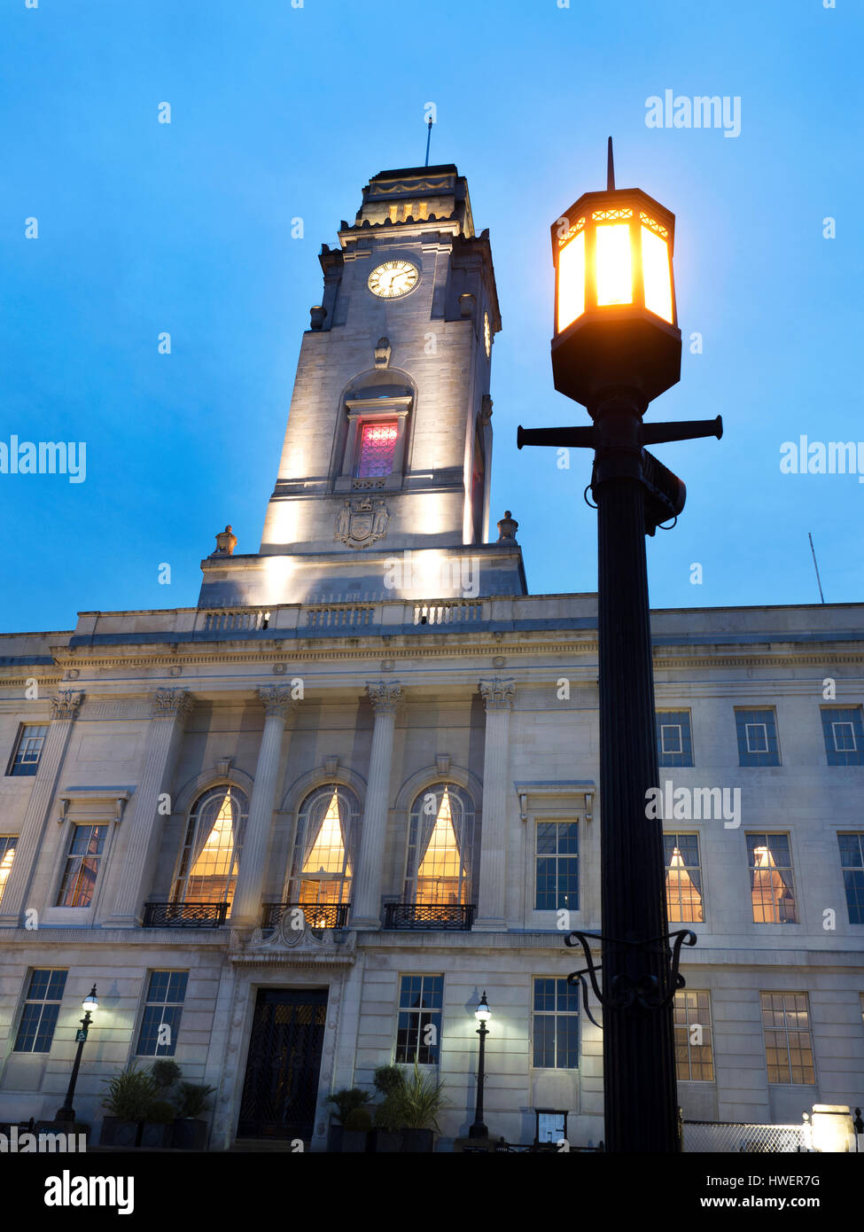 Barnsley Town Hall and Art Deco Street Lamp at Dusk Barnsley South