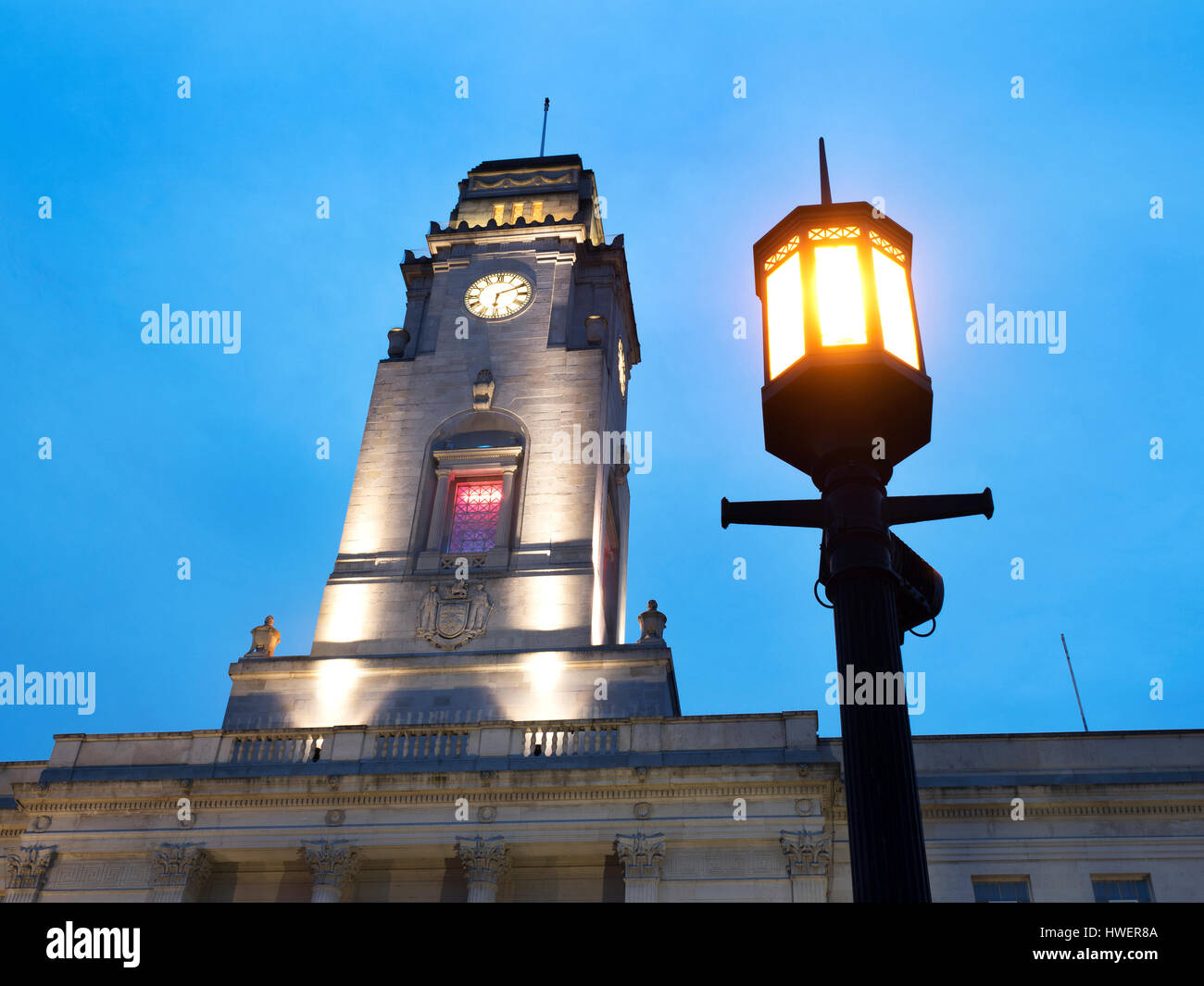 Barnsley Town Hall and Art Deco Street Lamp at Dusk Barnsley South