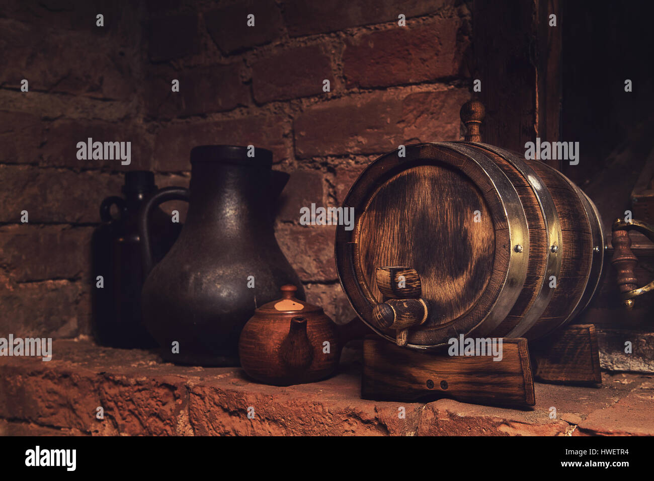 barrels in the wine cellar Stock Photo