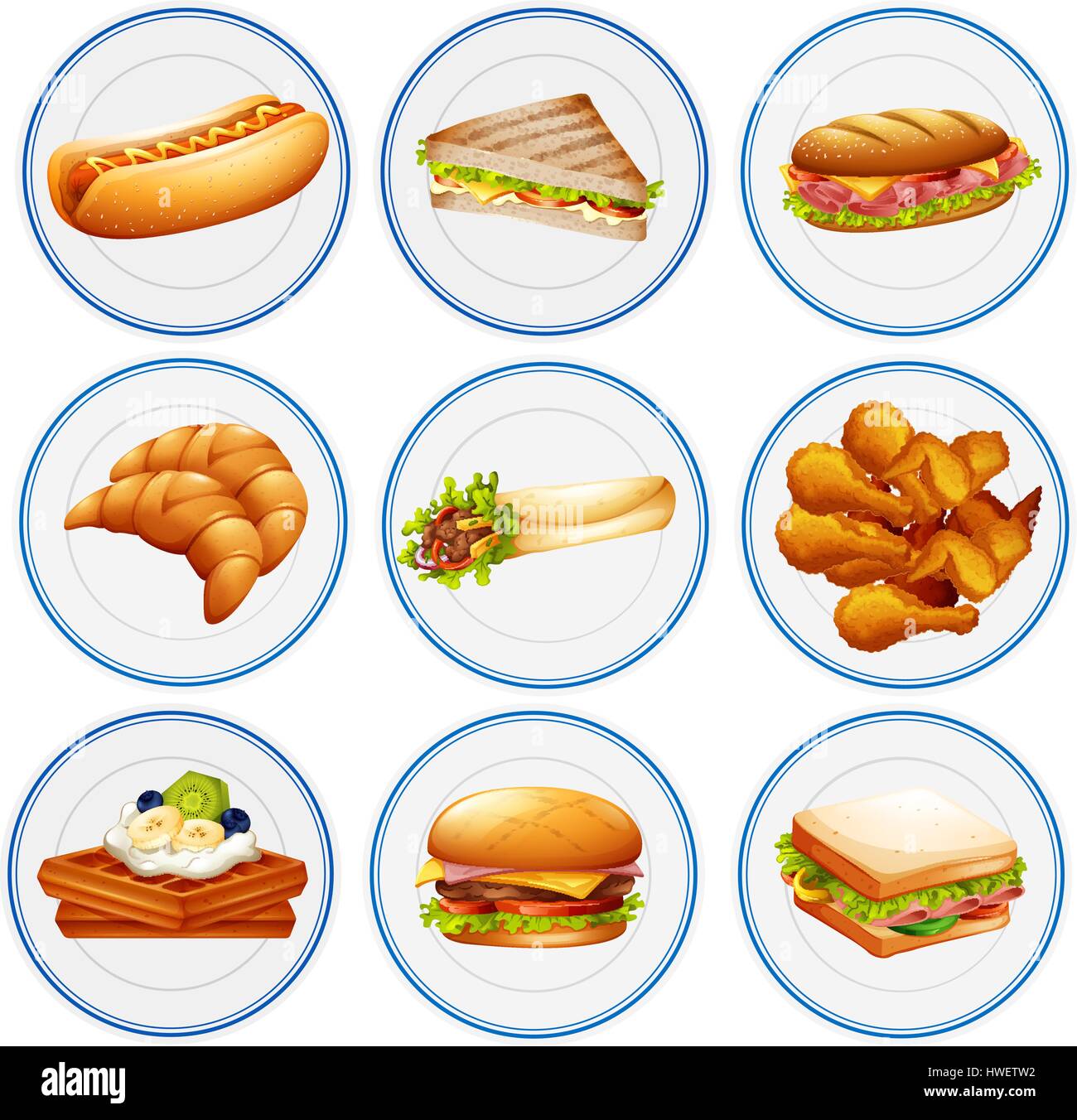 different-types-of-food-on-plates-illustration-stock-vector-image-art