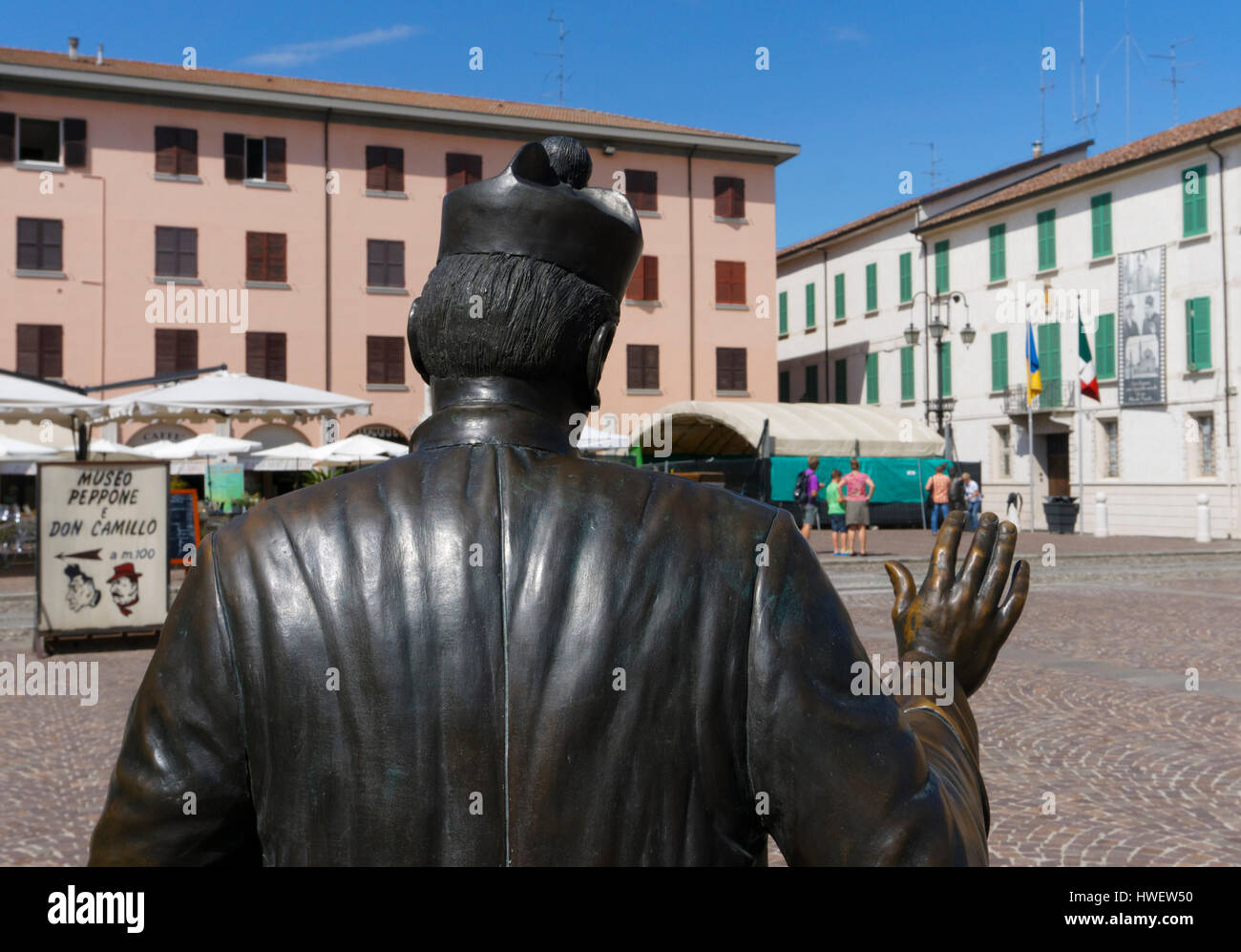 Don Camillo statue in Matteotti square, Brescello (Reggio Emilia) - Emilia Romagna, Italy Stock Photo