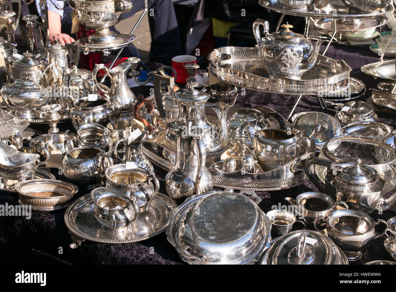 Silverware on a market stall in Covent garden, London Stock Photo Alamy