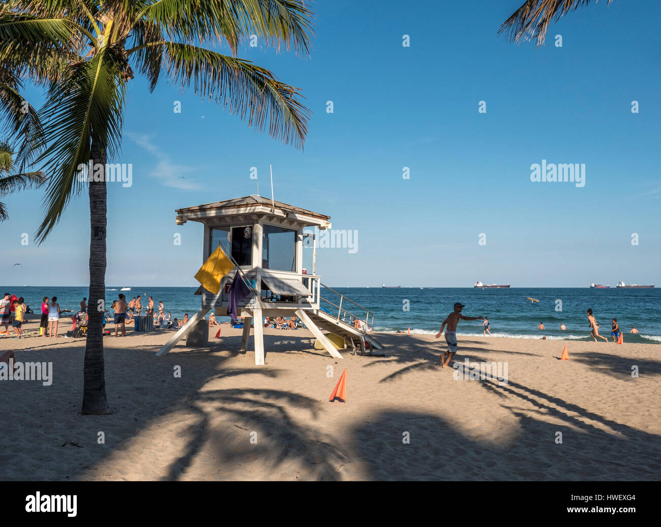 The City Of Fort Lauderdale Ocean Rescue Lifeguard Tower On The Beach At Las Olas, Lifeguards Are On Duty Year Round Stock Photo