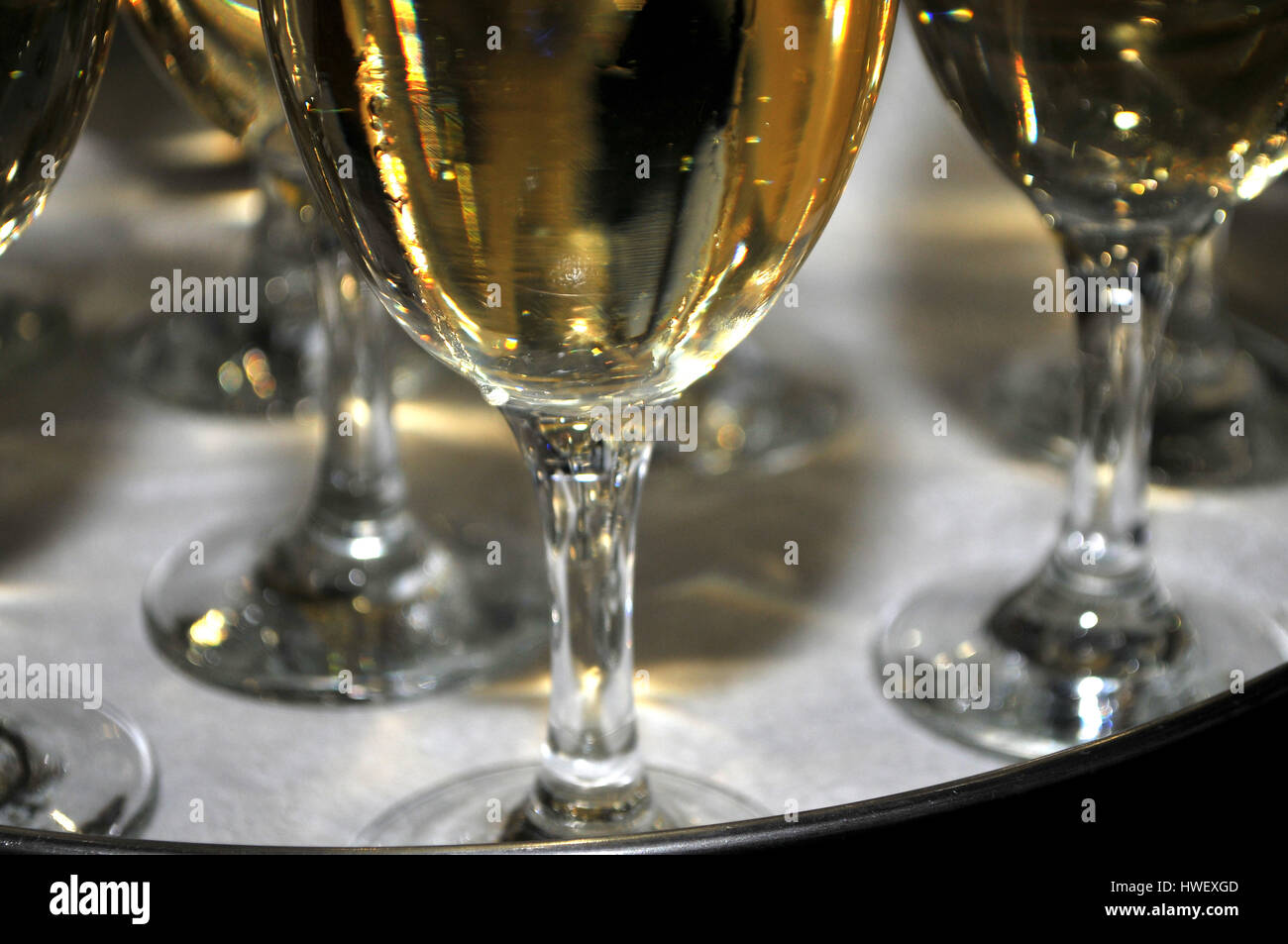 Focused glass of vermouth with a slice of lemon, thinly lined top of the glass with a layer of sweet sugar in the restaurant, Novi Sad, Serbia Stock Photo