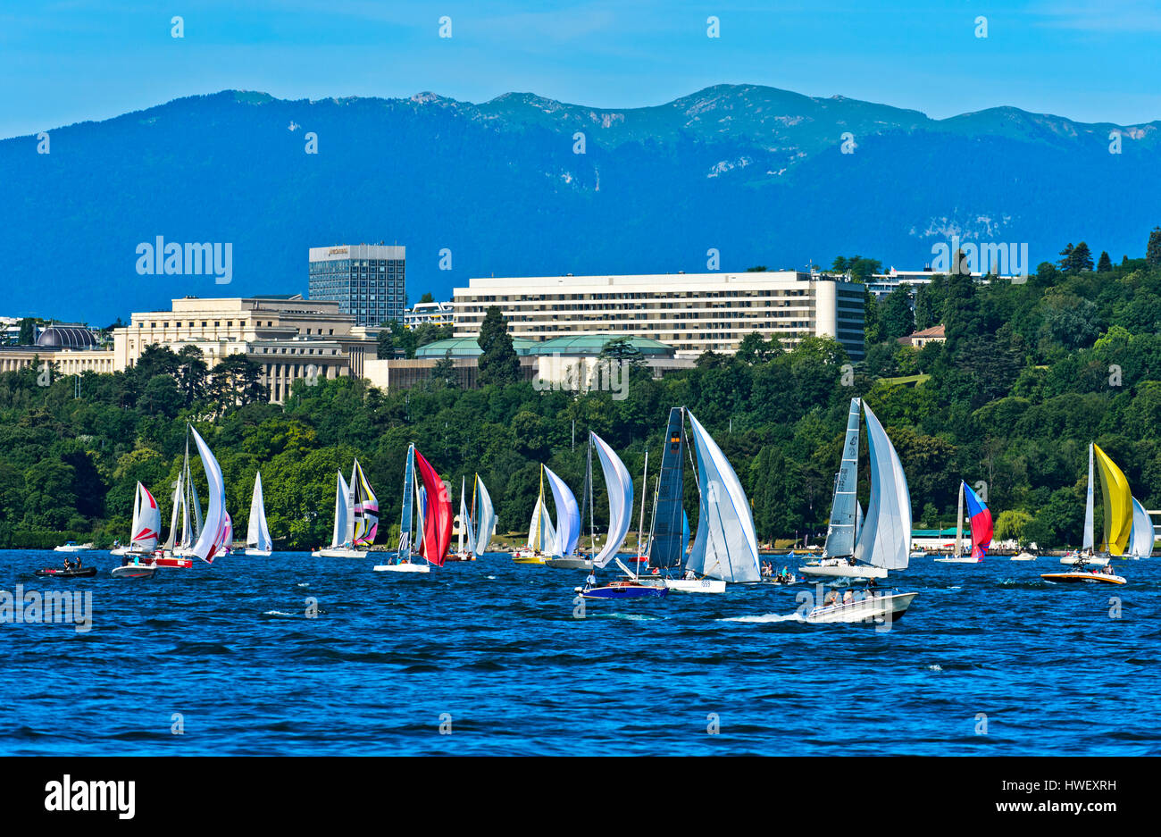 View from Lake Geneva towards the Ariana Park with the UN buildings of the Palais des Nations and the Intercontinental hotel, Geneva, Switzerland Stock Photo