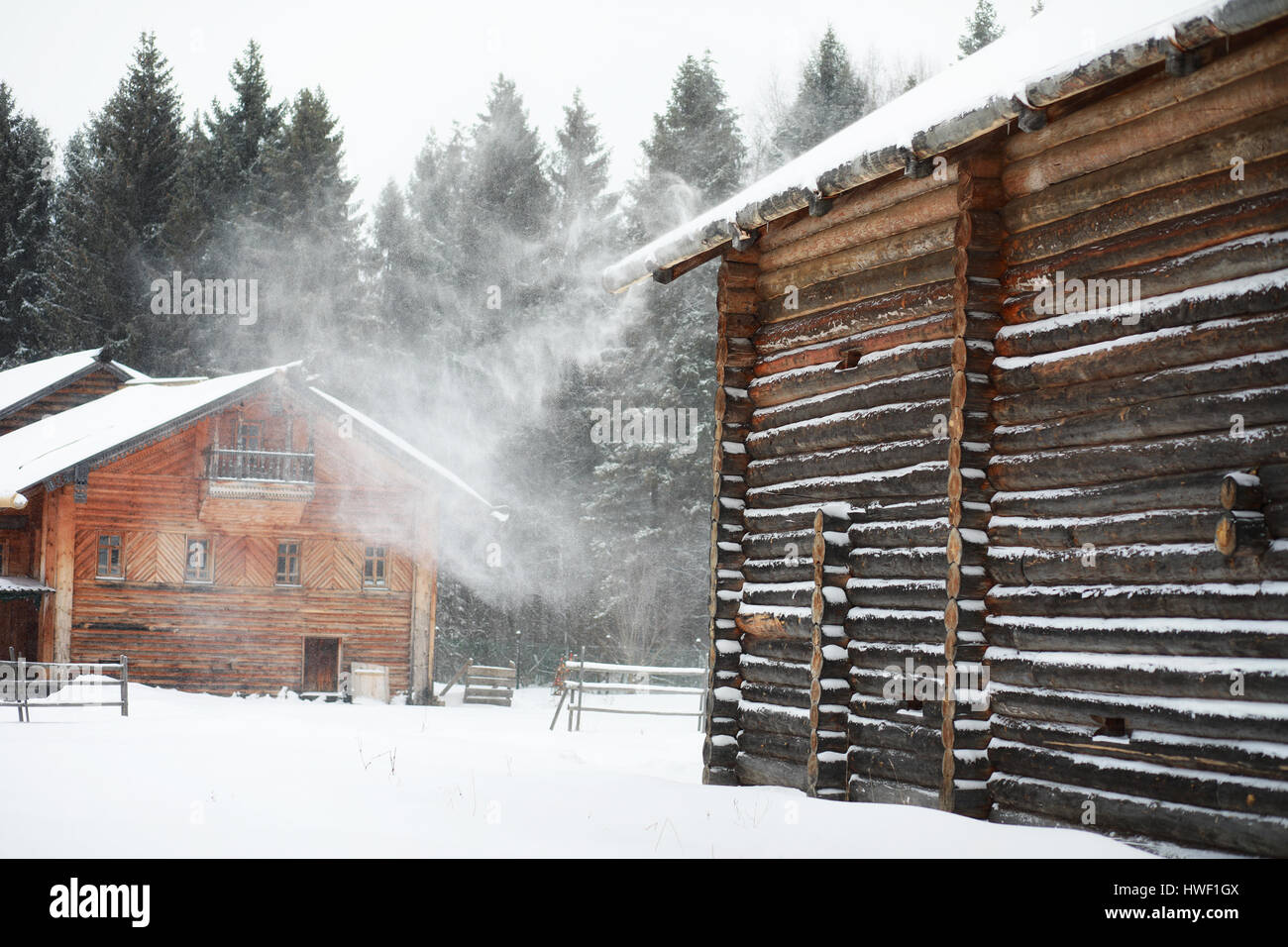 retro wooden house in the forest in russian north Stock Photo - Alamy
