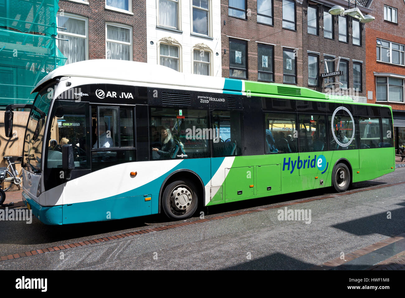 Van Hool A300 Hybrid bus in Leiden/ Netherlands. Arriva operates bus, coach, train, tram and waterbus services in 14 countries across Europe. Stock Photo