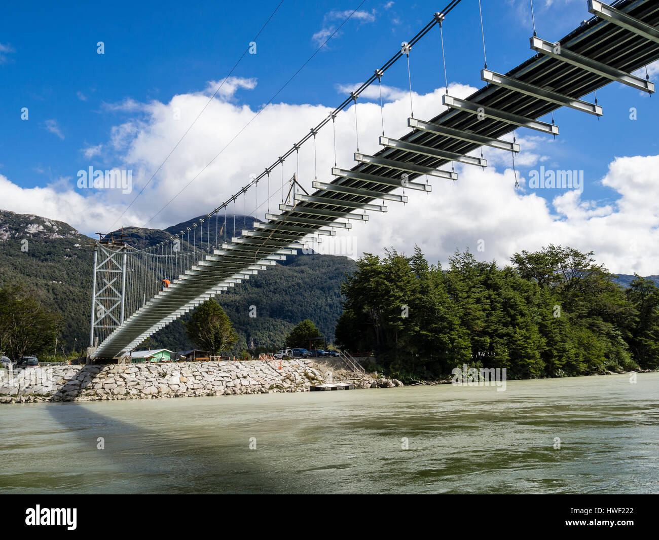 Suspension bridge under construction, Bahia Exploradores, Aysen region