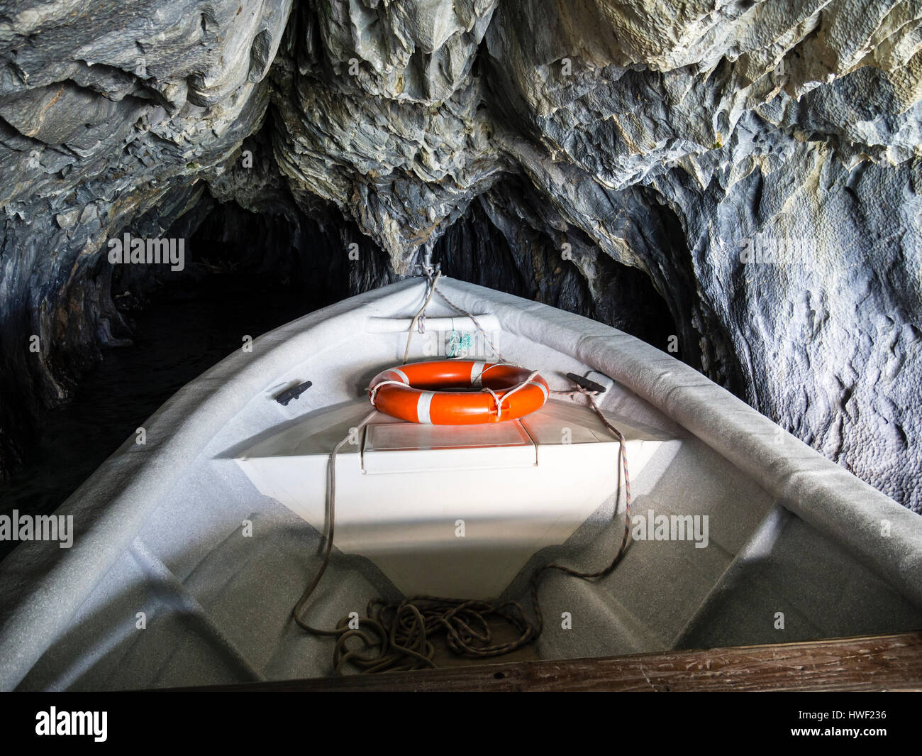 Sightseeing boat exploring the marble caves, tour from Puerto Rio Tranquilo, Aysen region, Patagonia, Chile Stock Photo