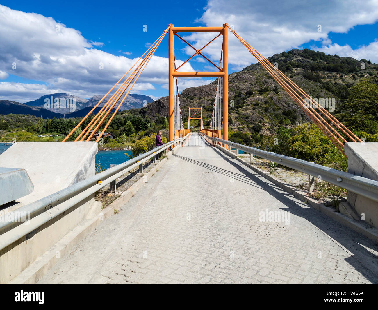 Suspension bridge, crossing Lago Genera Carrera, road Carretera Austral