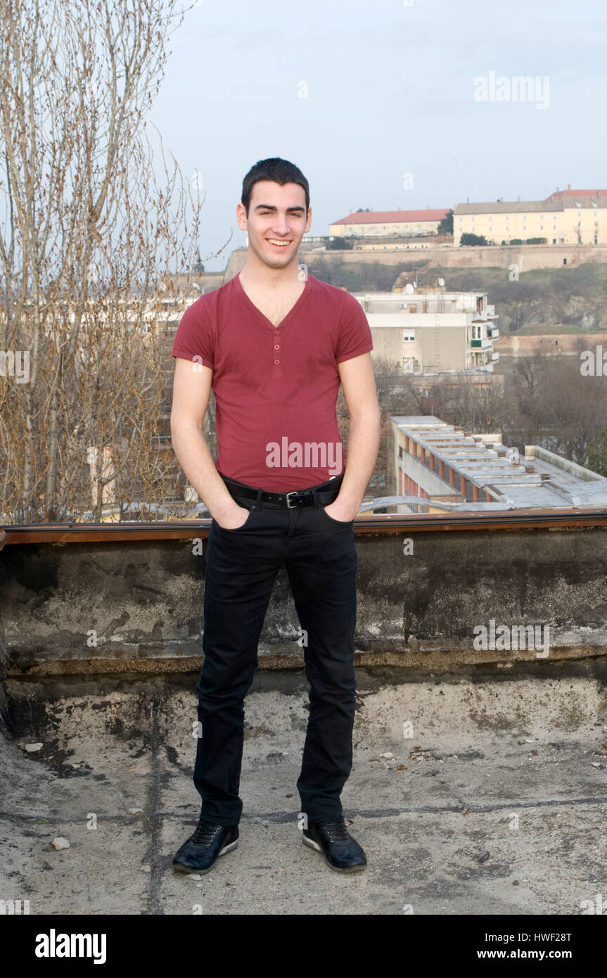 tight red shirt and black pants 
